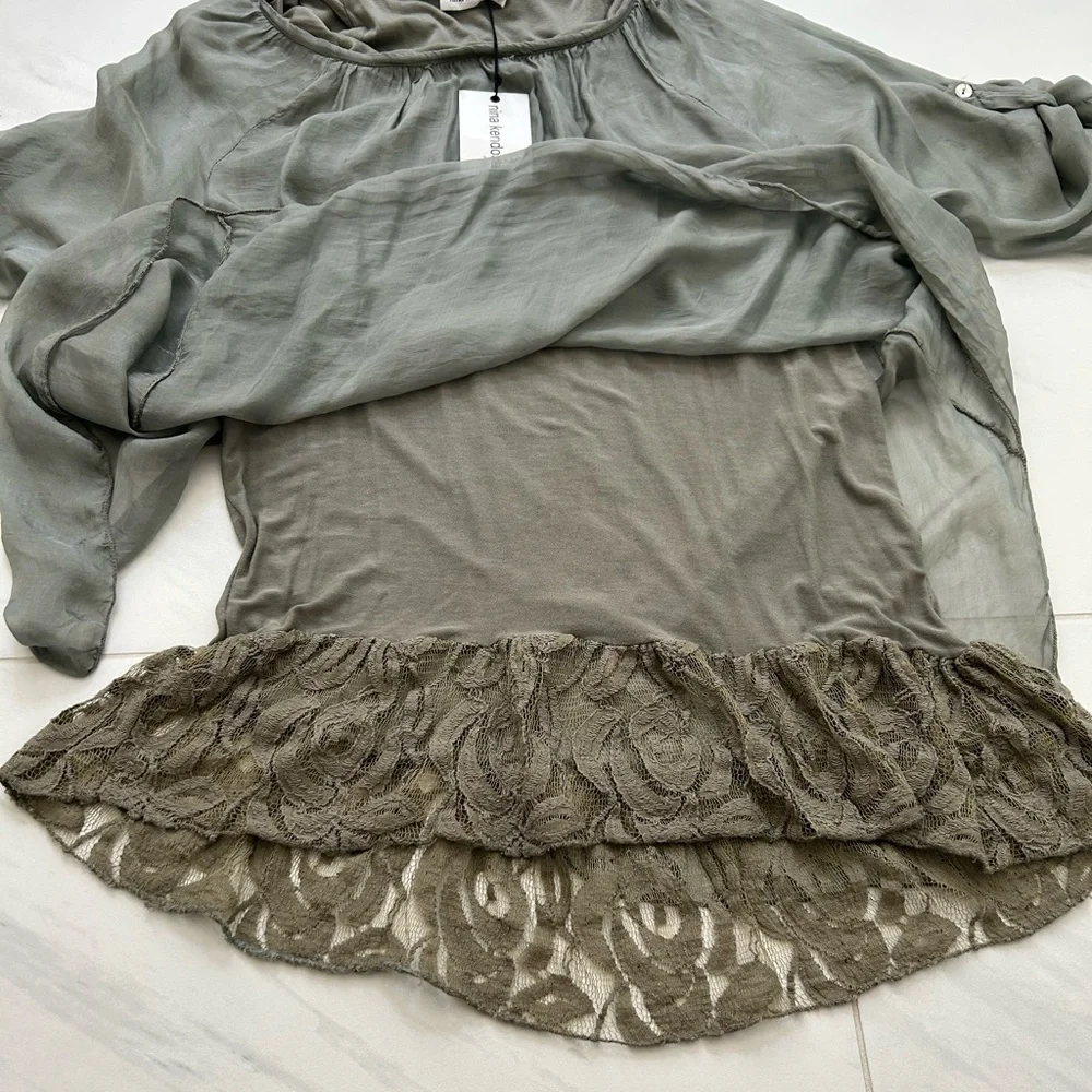 Nina Kendosa Silk Green Gray Blouse with Jersey ruffled Liner in size large NWT - Picture 13 of 16